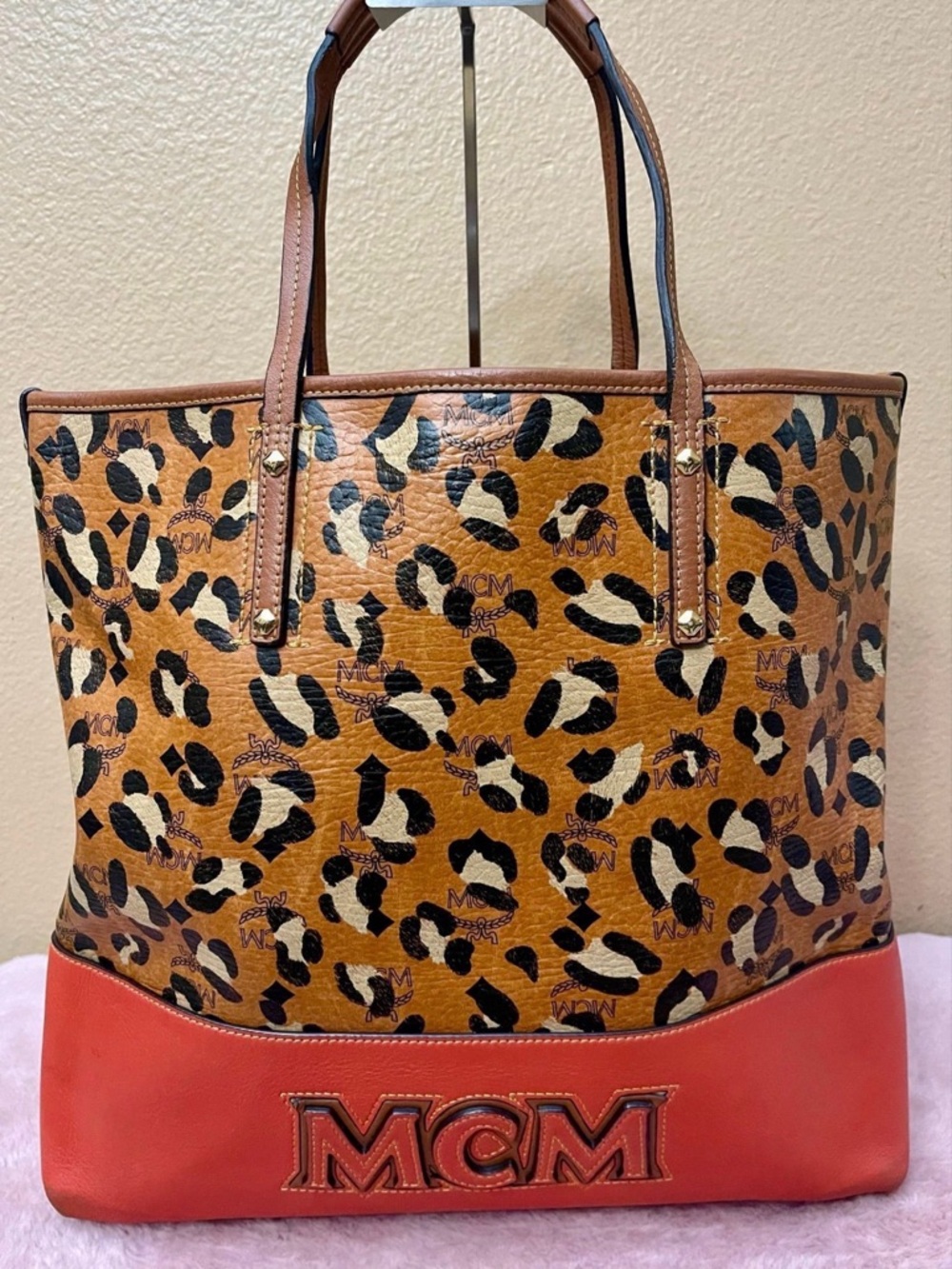 MCM Leopard-Print Leather Tote with Orange Red Trim